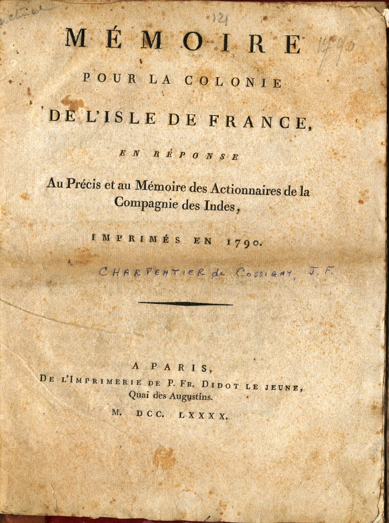 Memoire Pour La Colonie De L'Isle De France 1790