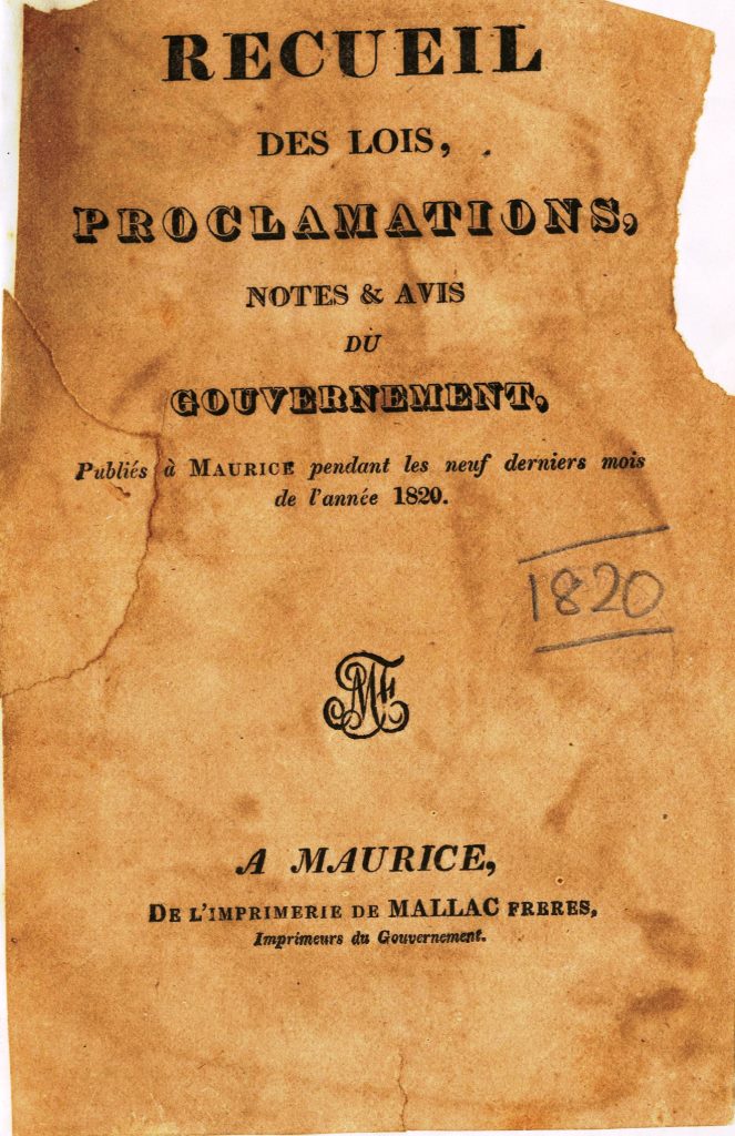 Recueil Des Lois, Proclamations, Notes & Avis Du Government 1820